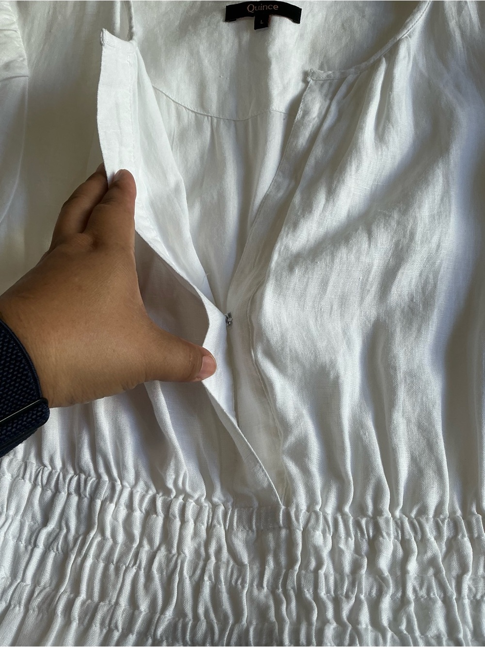 Quince White 100% Linen Smocked Tiered Midi Dress L Cottagecore Summer Boho - Picture 6 of 15
